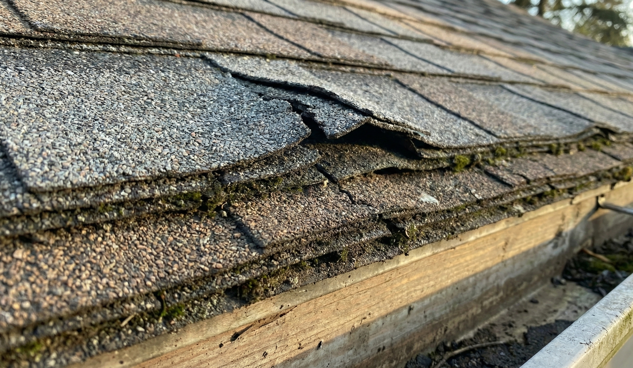 Close-up of aging asphalt shingles with cracking, lifting, and granule loss along the roof edge