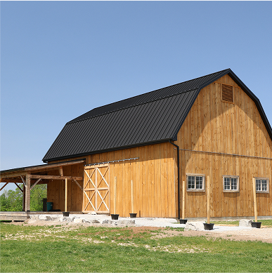 Modern gable roof featuring black SnapLock metal roofing paired with natural wood siding, showcasing clean architectural lines.