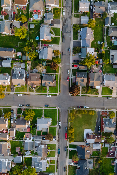 Aerial view of Ontario neighborhood where Country Towne provides metal roofing and siding services