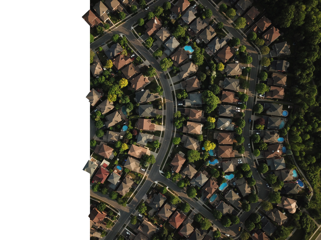 Aerial view of modern neighborhood featuring CountryTowne metal roofing systems — showcasing consistent installation quality and architectural curb appeal