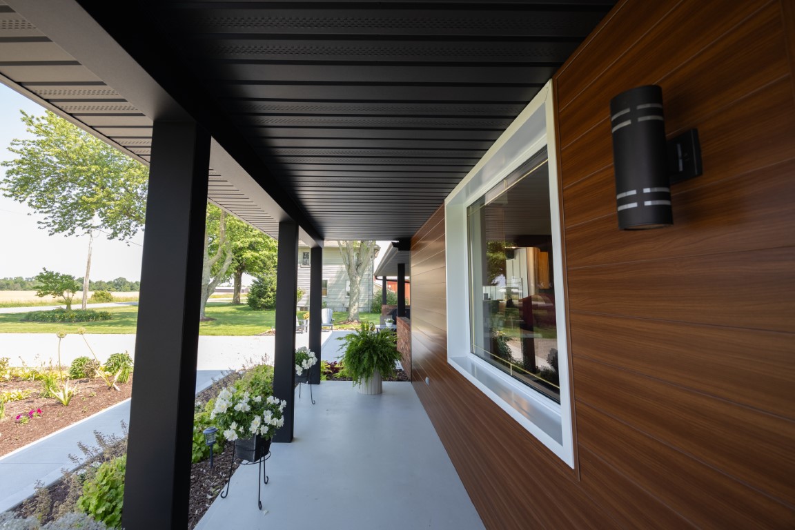 Durable Ebony Black metal soffit made by CountryTowne with a sleek, modern design, offering clean lines and long-lasting protection for patios, porches, and outdoor spaces