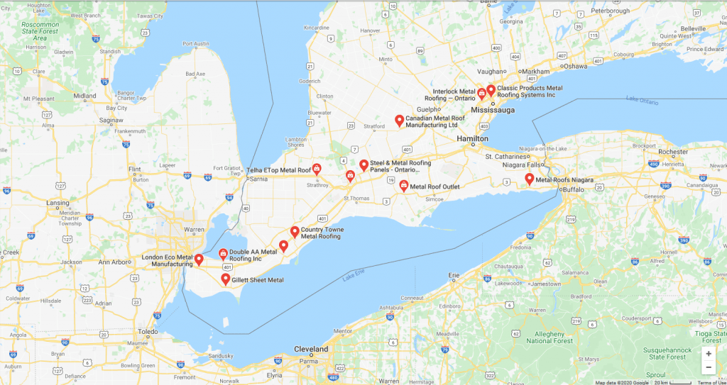 Map of metal roofing contractors in Ontario