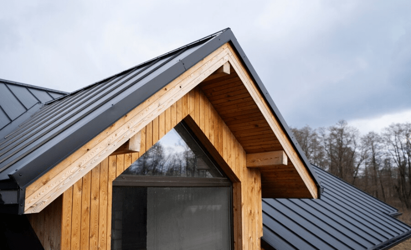 A house with metal roofing.